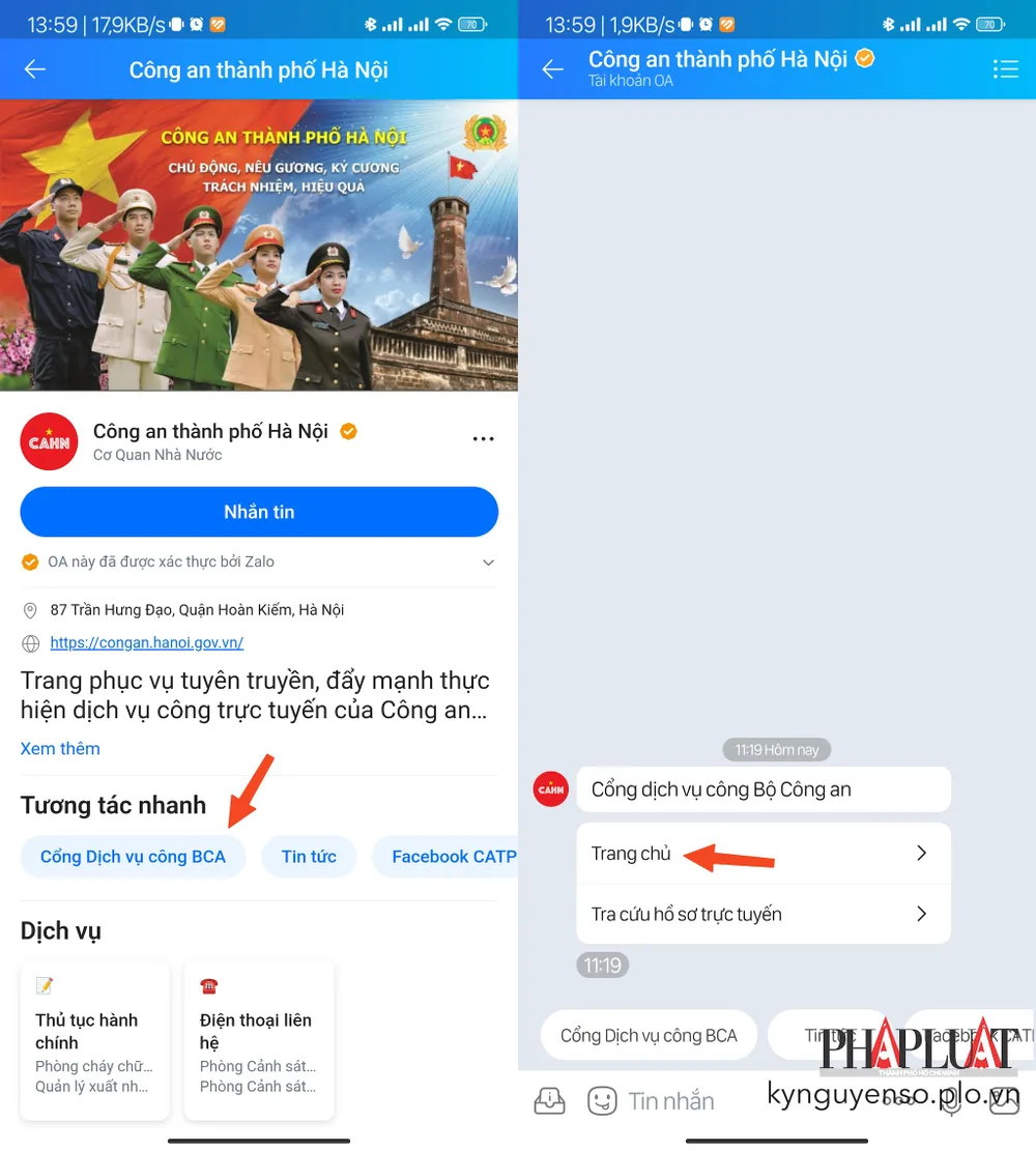 Quan tâm trang Zalo và truy cập vào cổng dịch vụ công Bộ Công an. Ảnh: MINH HOÀNG