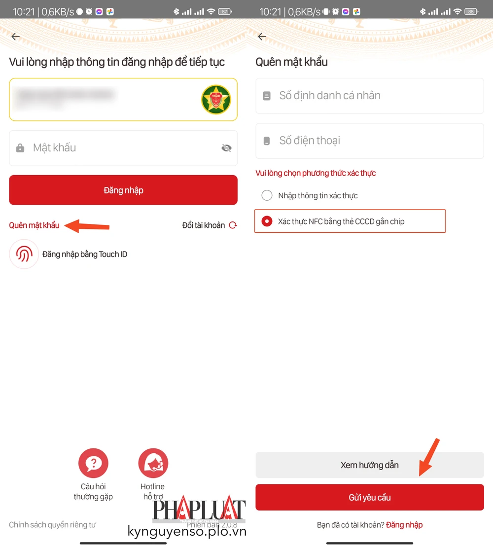 Khôi phục mật khẩu VNeID bằng CCCD gắn chip. Ảnh: MINH HOÀNG