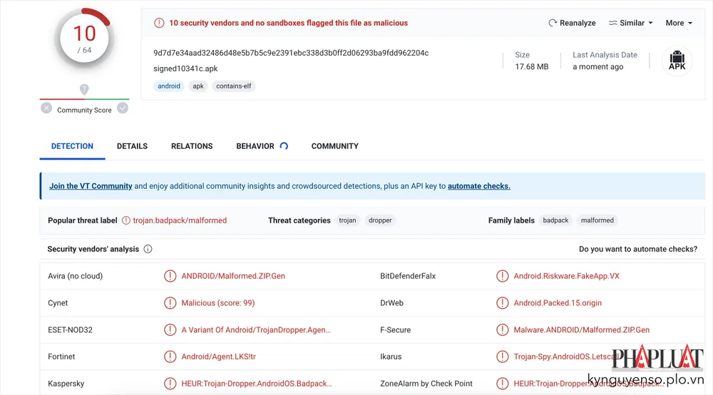 ung-udng-gia-mao-bo-tai-chinh-co-chua-phan-mem-doc-hai File apk do kẻ gian cung cấp có chứa phần mềm độc hại. Ảnh: TIỂU MINH