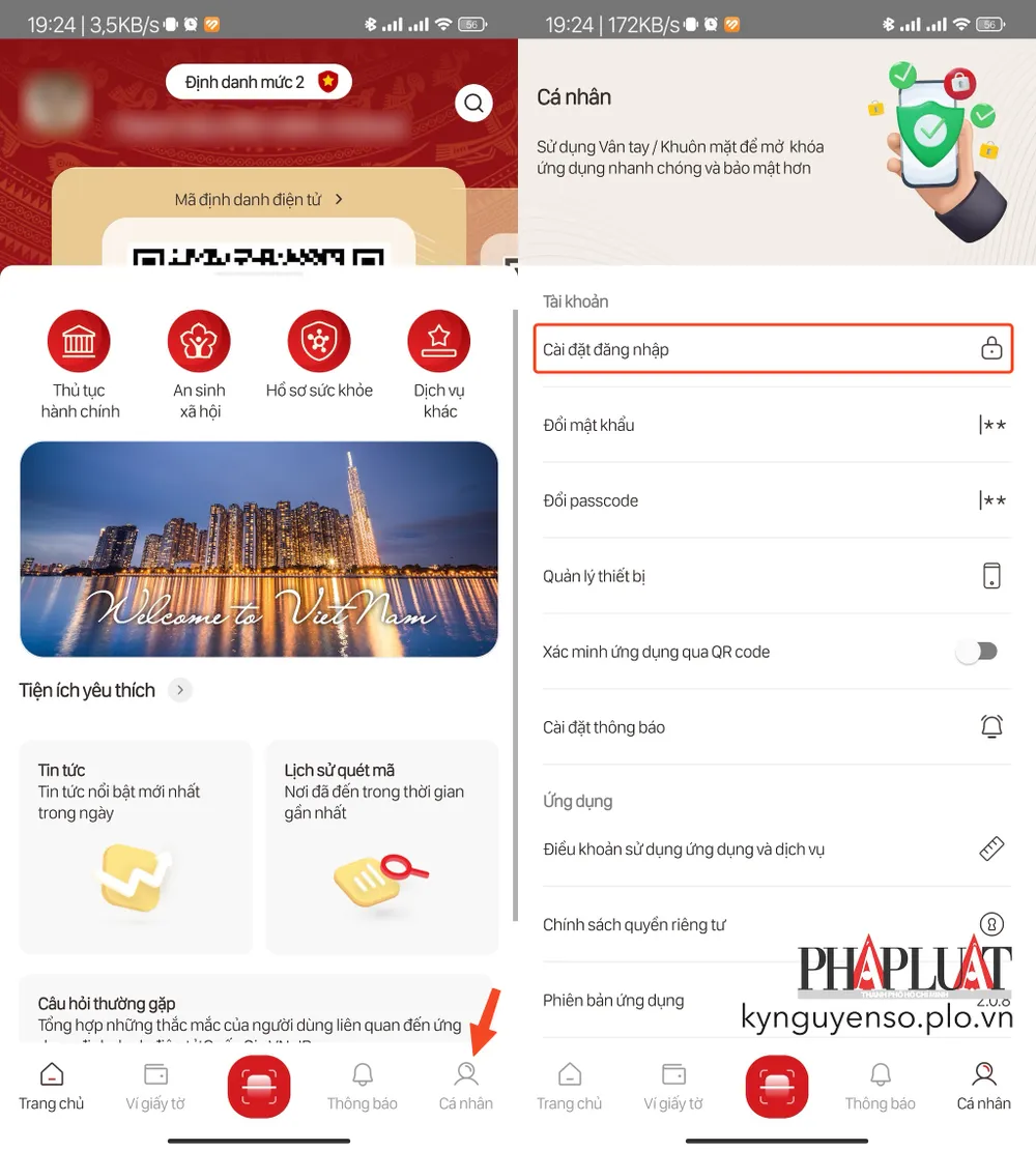 Truy cập vào phần cài đặt trên VNeID. Ảnh: MINH HOÀNG