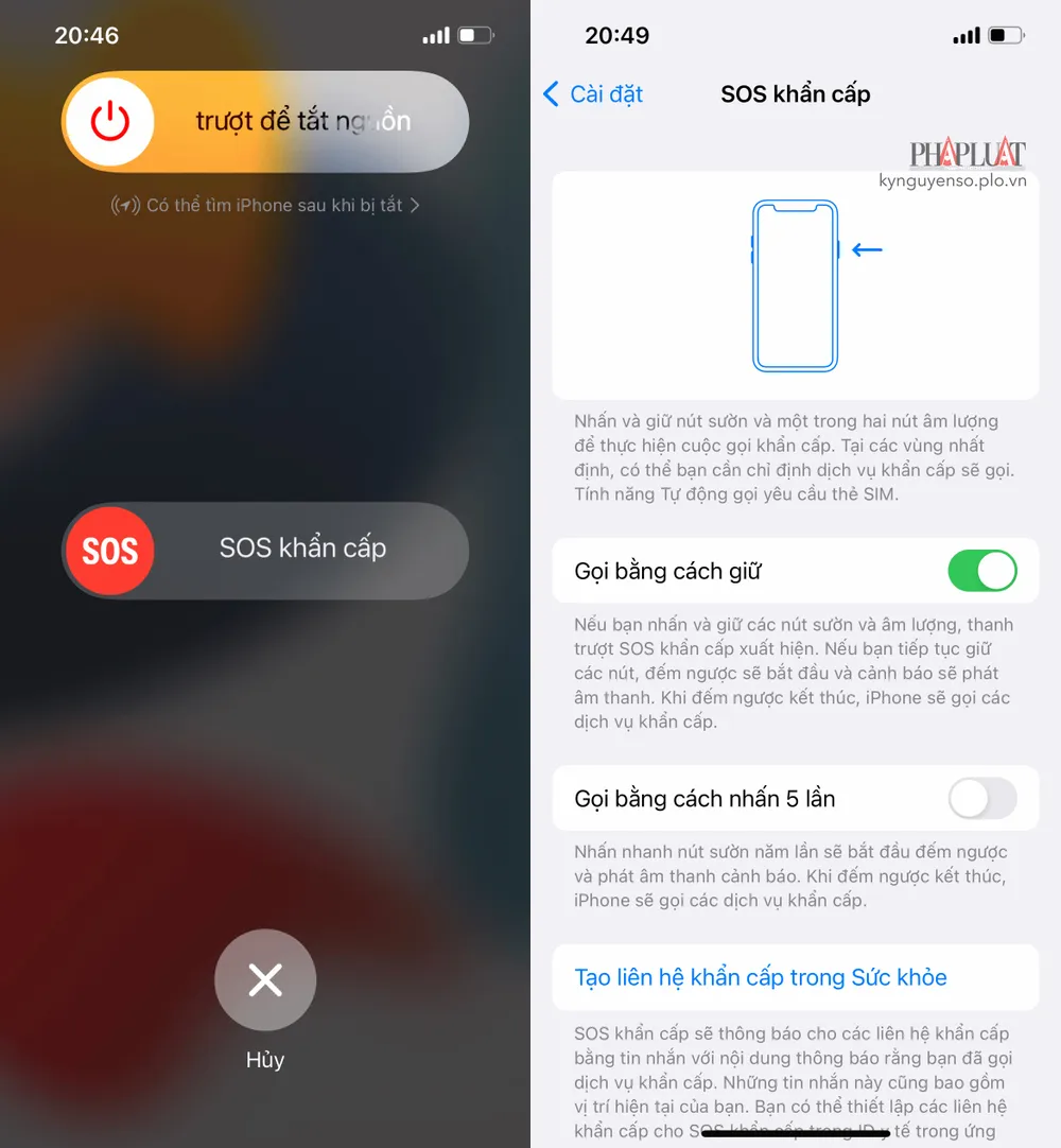 Tính năng SOS khẩn cấp trên iPhone. Ảnh: TIỂU MINH