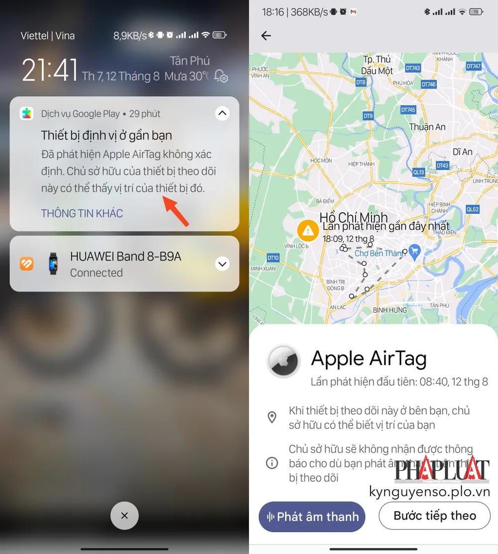 Nhận cảnh báo khi có thiết bị theo dõi. Ảnh: MINH HOÀNG
