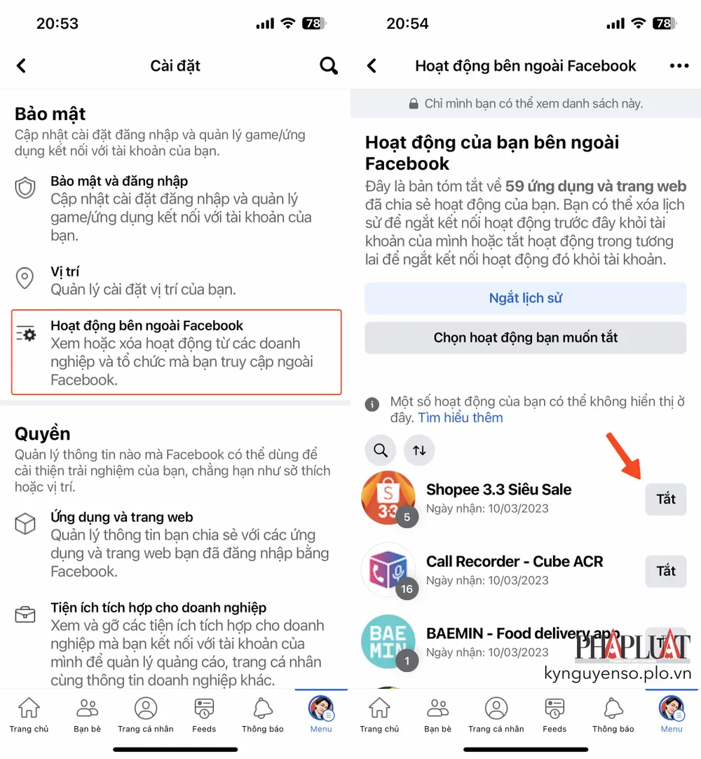 Tắt các ứng dụng chia sẻ dữ liệu với Facebook. Ảnh: TIỂU MINH