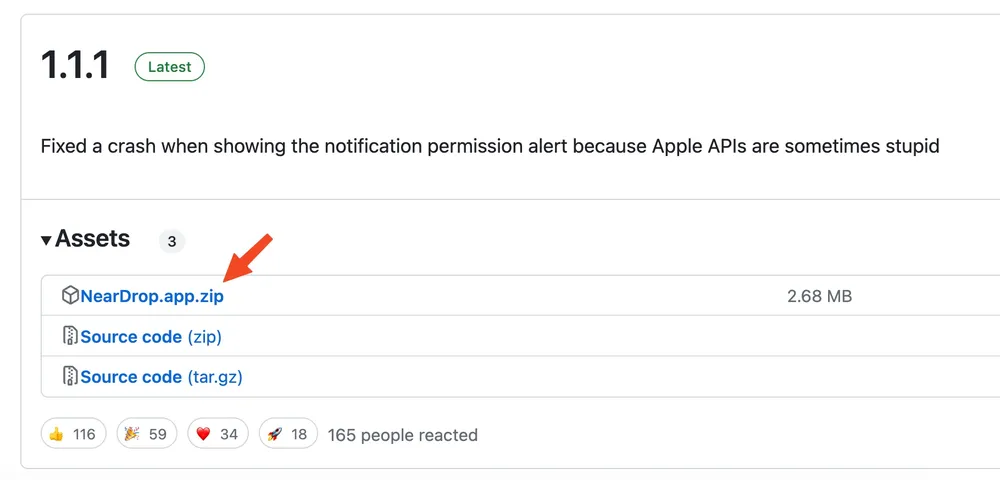Tải về phiên bản NearDrop mới nhất. Ảnh: TIỂU MINH