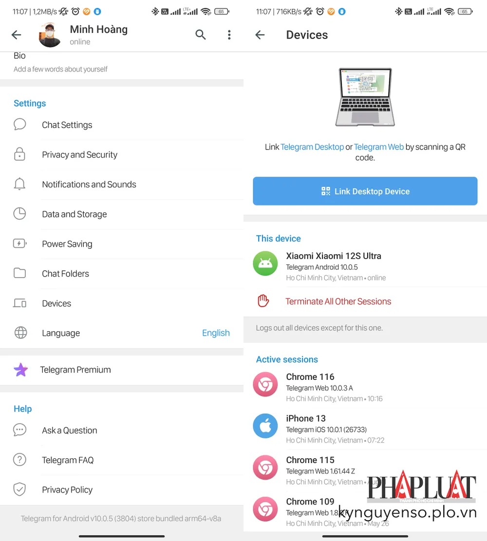 cach-dang-xuat-tai-khoan-telegram-tu-xa Cách đăng xuất tài khoản Telegram từ xa. Ảnh: MINH HOÀNG