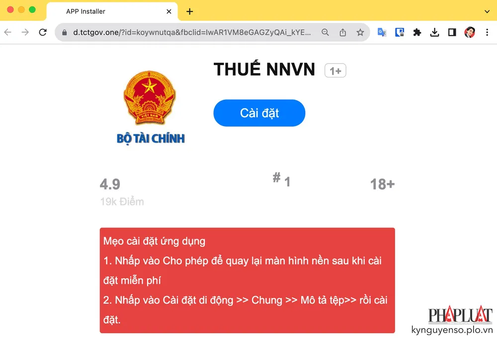 Trang web tải ứng dụng thuế giả mạo. Ảnh: TIỂU MINH Trang web tải ứng dụng thuế giả mạo