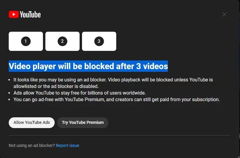 Người dùng có 3 lần xem video hoặc mua YouTube Premium. Ảnh: Reddit Người dùng có 3 lần xem video hoặc mua YouTube Premium