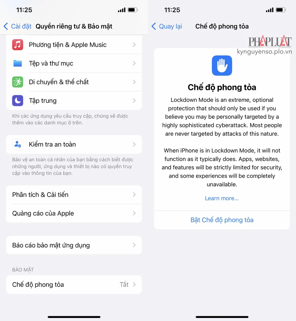 Kích hoạt Lockdown mode (chế độ phong tỏa) trên iPhone để ngăn chặn phần mềm gián điệp Pegasus. Ảnh: TIỂU MINH Kích hoạt Lockdown mode (chế độ phong tỏa) trên iPhone để ngăn chặn phần mềm gián điệp Pegasus