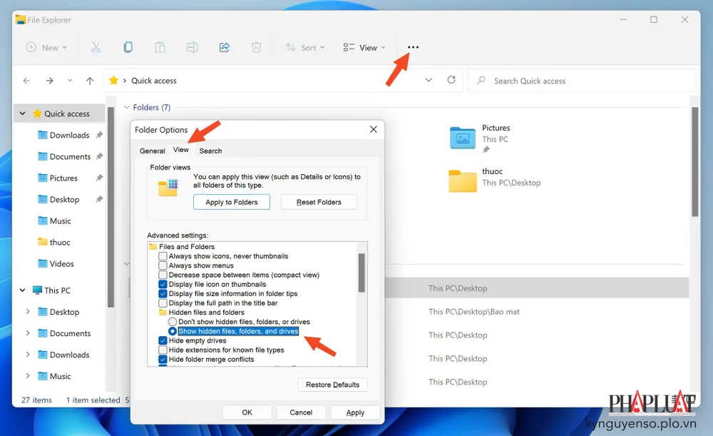 Cách hiện file ẩn trên Windows để hạn chế virus. Ảnh: TIỂU MINH Cách hiện file ẩn trên Windows để hạn chế virus. Ảnh: TIỂU MINH