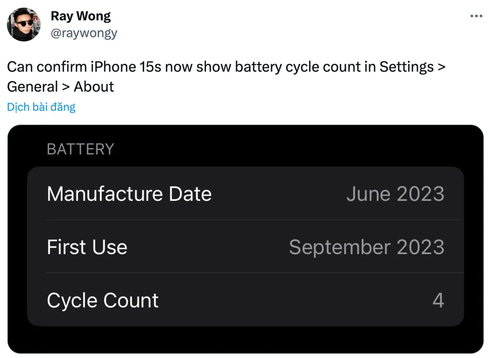 Kiểm tra số chu kỳ sạc trên iPhone 15. Ảnh chụp màn hình Kiểm tra số chu kỳ sạc trên iPhone 15. Ảnh chụp màn hình
