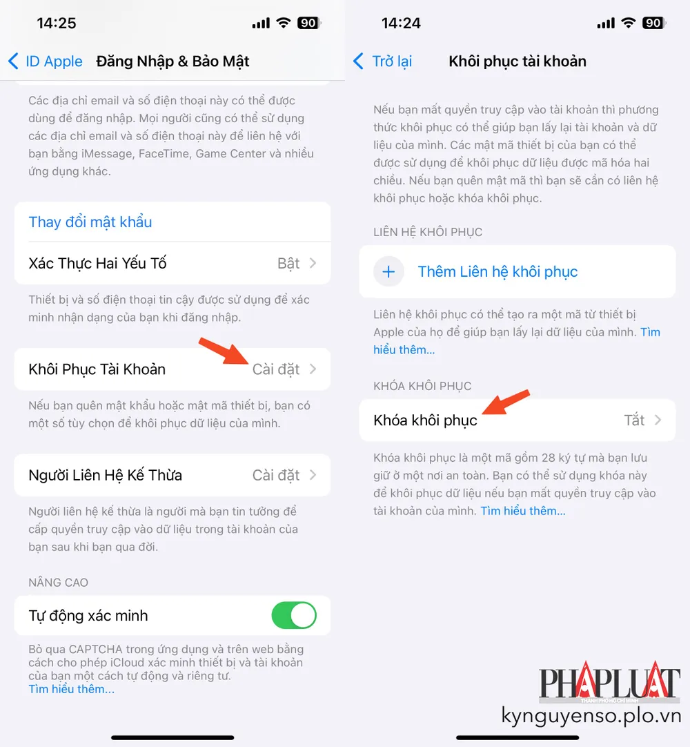 Cách bật tính năng khóa khôi phục trên iPhone. Ảnh: MINH HOÀNG