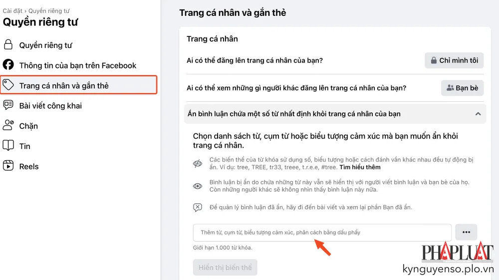 Chặn các bình luận có chứa từ khóa không phù hợp khỏi trang Facebook cá nhân. Ảnh: MINH HOÀNG Chặn các bình luận có chứa từ khóa không phù hợp khỏi trang Facebook cá nhân. Ảnh: MINH HOÀNG