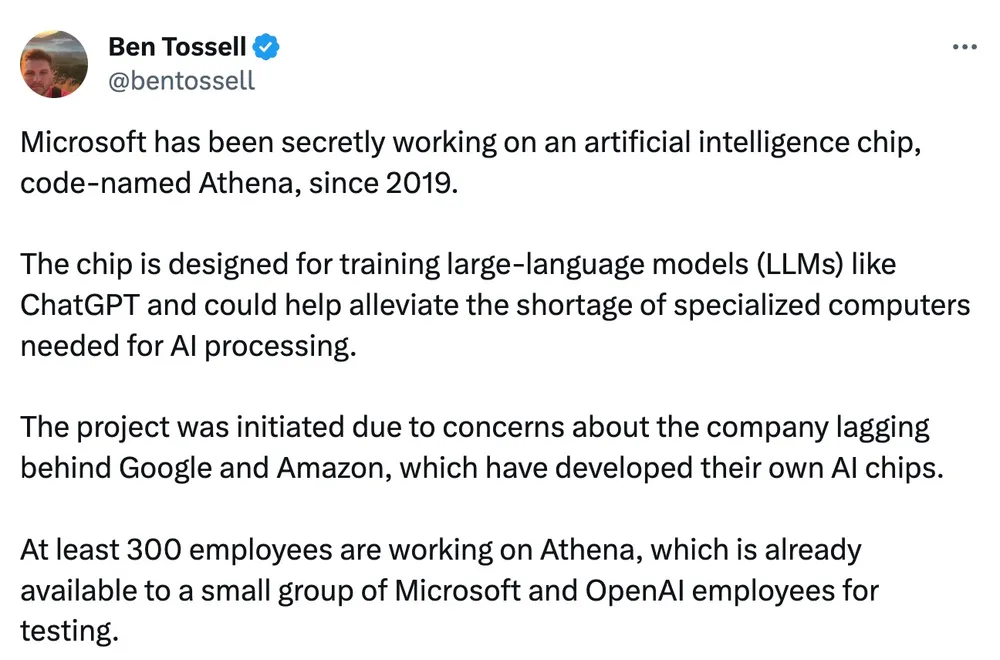 Ben Tossell cho biết Microsoft đã phát triển chip AI từ năm 2019. Ảnh chụp màn hình Ben Tossell cho biết Microsoft đã phát triển chip AI từ năm 2019. Ảnh chụp màn hình