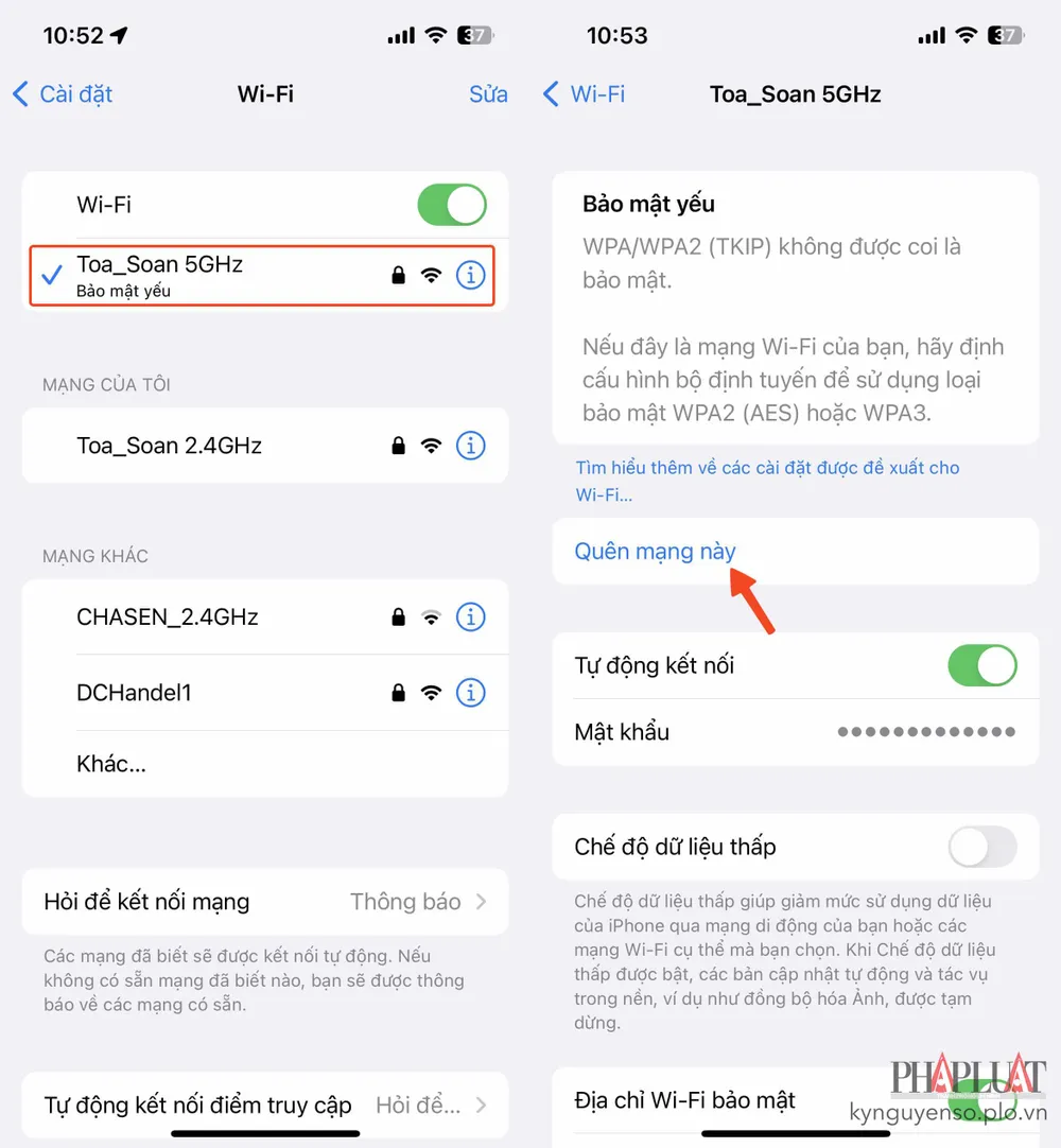 Quên mạng WiFi trên iPhone. Ảnh: TIỂU MINH Quên mạng WiFi trên iPhone. Ảnh: TIỂU MINH