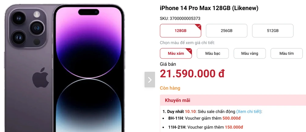 iPhone 14 Pro Max đã qua sử dụng giảm giá mạnh tại Di Động Việt. Ảnh: TIỂU MINH
