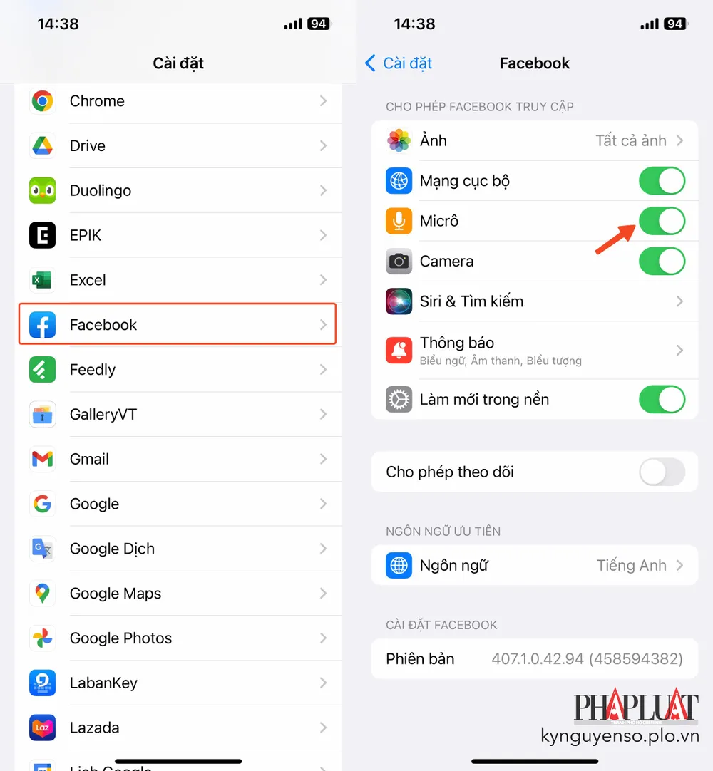 Thu hồi quyền truy cập micro của ứng dụng Facebook trên iPhone. Ảnh: TIỂU MINH Thu hồi quyền truy cập micro của ứng dụng Facebook trên iPhone. Ảnh: MINH HOÀNG
