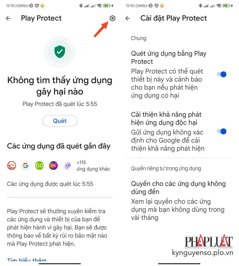Bật tính năng Google Play Protect để quét các ứng dụng độc hại trên điện thoại Android. Ảnh: TIỂU MINH