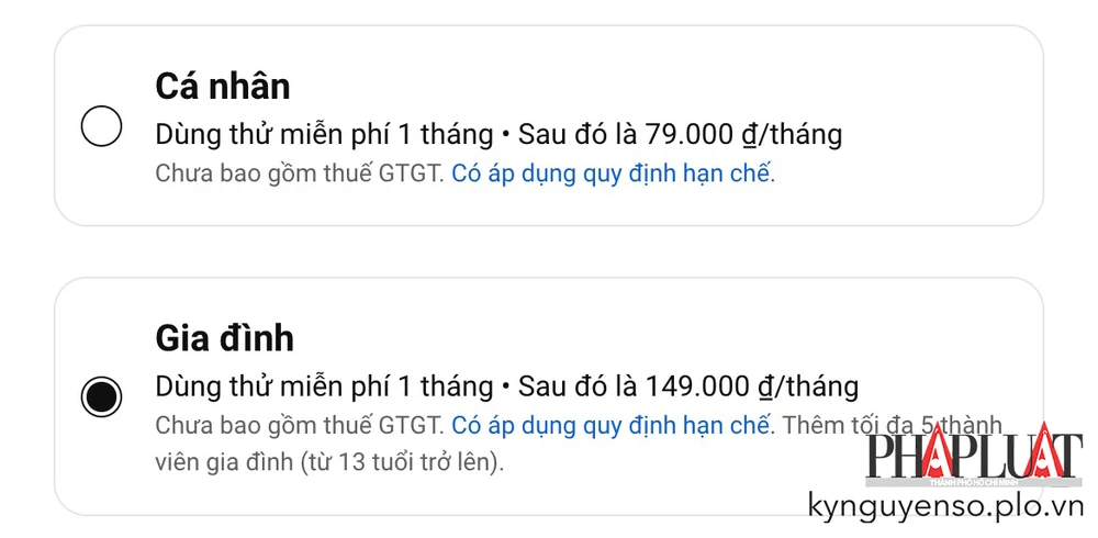 Giá YouTube Premium tại Việt Nam. Ảnh: TIỂU MINH