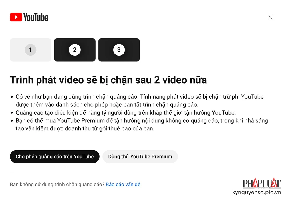 YouTube tắt video nếu người dùng chặn quảng cáo. Ảnh: TIỂU MINH