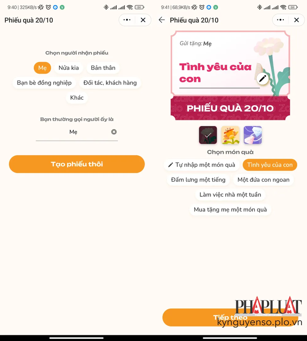 Tạo phiếu quà tặng chúc mừng 20-10 bằng Zalo. Ảnh: MINH HOÀNG Tạo phiếu quà tặng chúc mừng 20-10 bằng Zalo. Ảnh: MINH HOÀNG