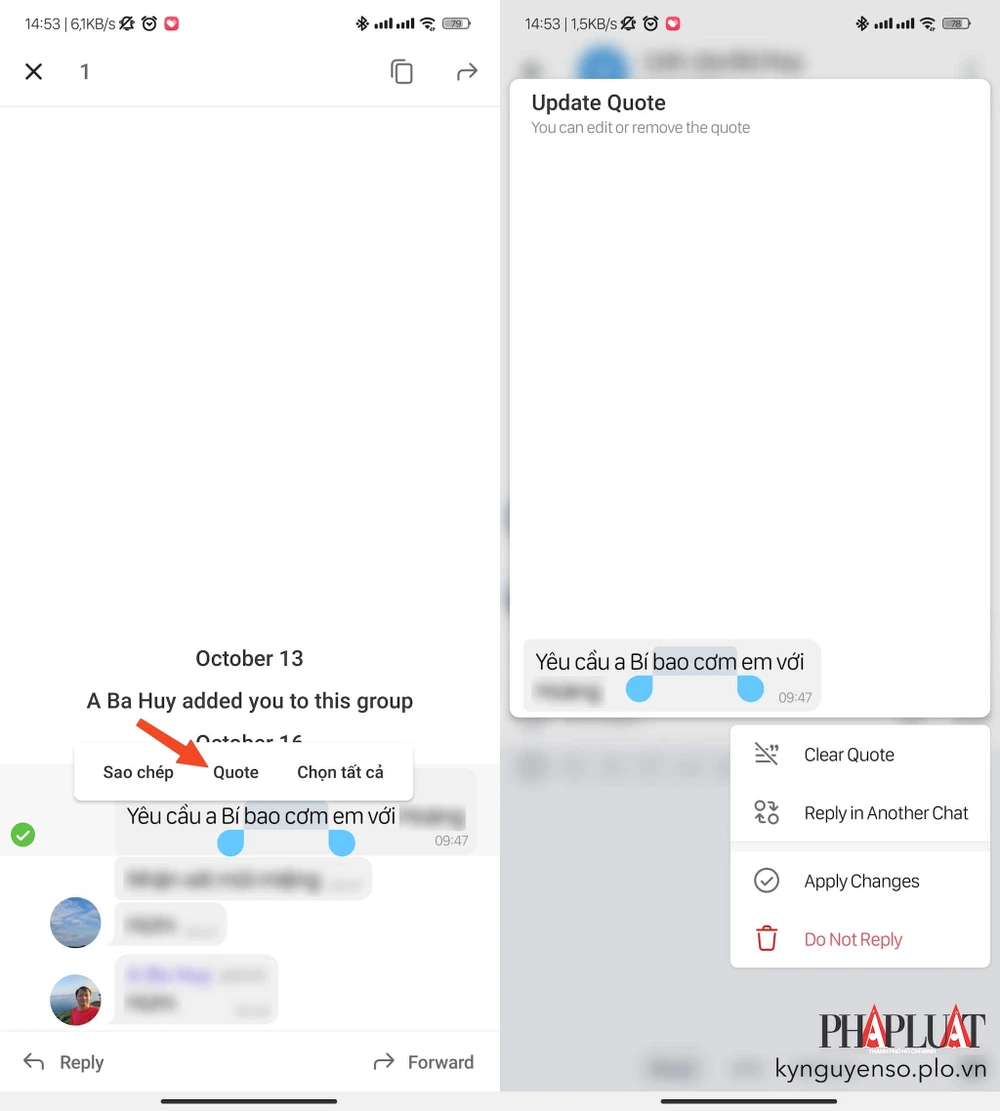 Telegram hiện đã cho phép trả lời một đoạn trích dẫn trong tin nhắn. Ảnh: TIỂU MINH