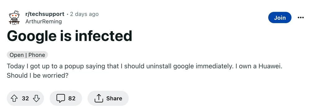 Người dùng phàn nàn về việc ứng dụng Google bị nhận diện là virus. Ảnh chụp màn hình Người dùng phàn nàn về việc ứng dụng Google bị nhận diện là virus. Ảnh chụp màn hình
