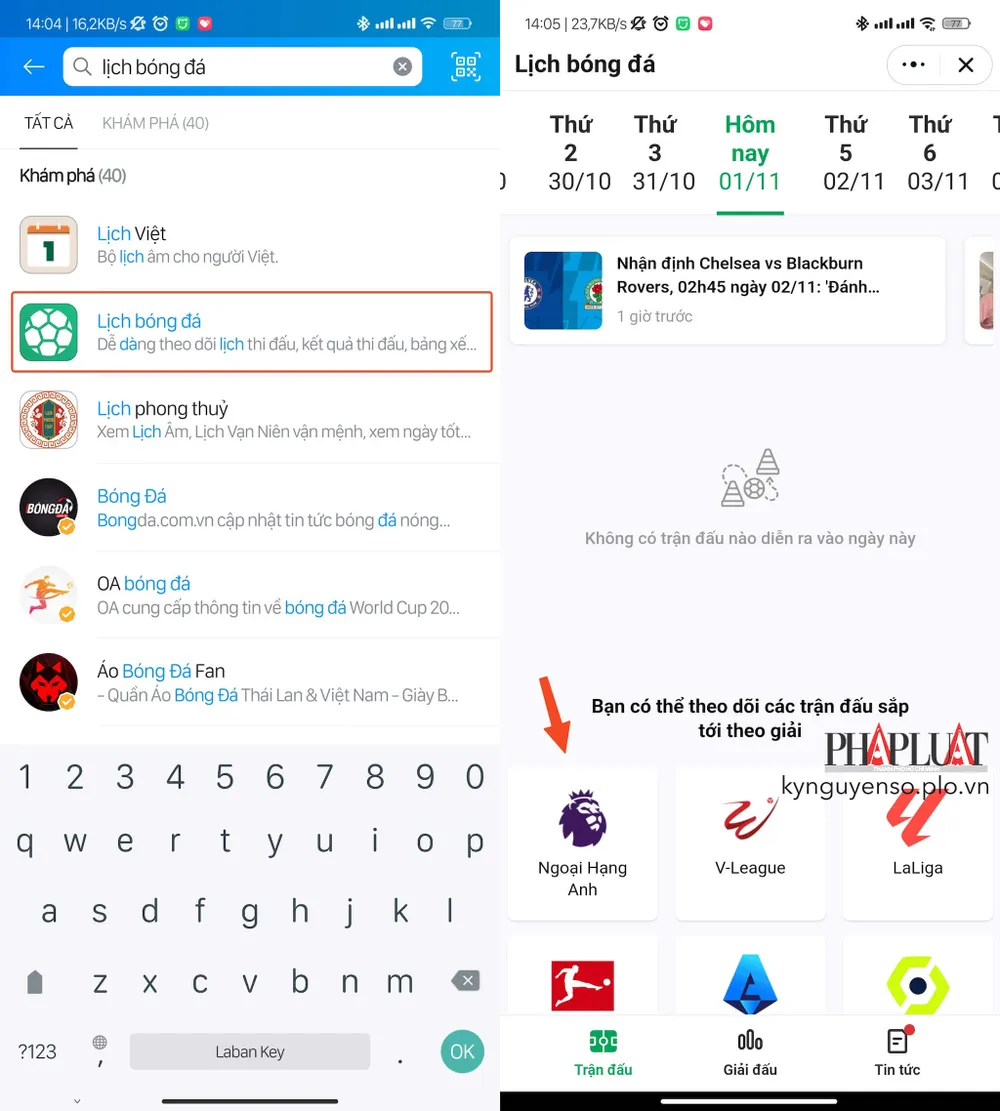 Cách theo dõi lịch thi đấu bóng đá hôm nay bằng Zalo. Ảnh: MINH HOÀNG