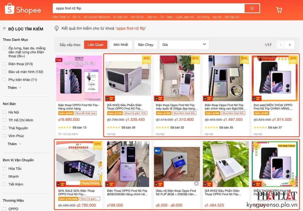 Khi hàng giả (khoanh đỏ) áp đảo hàng thật trên Shopee. Ảnh: TIỂU MINH