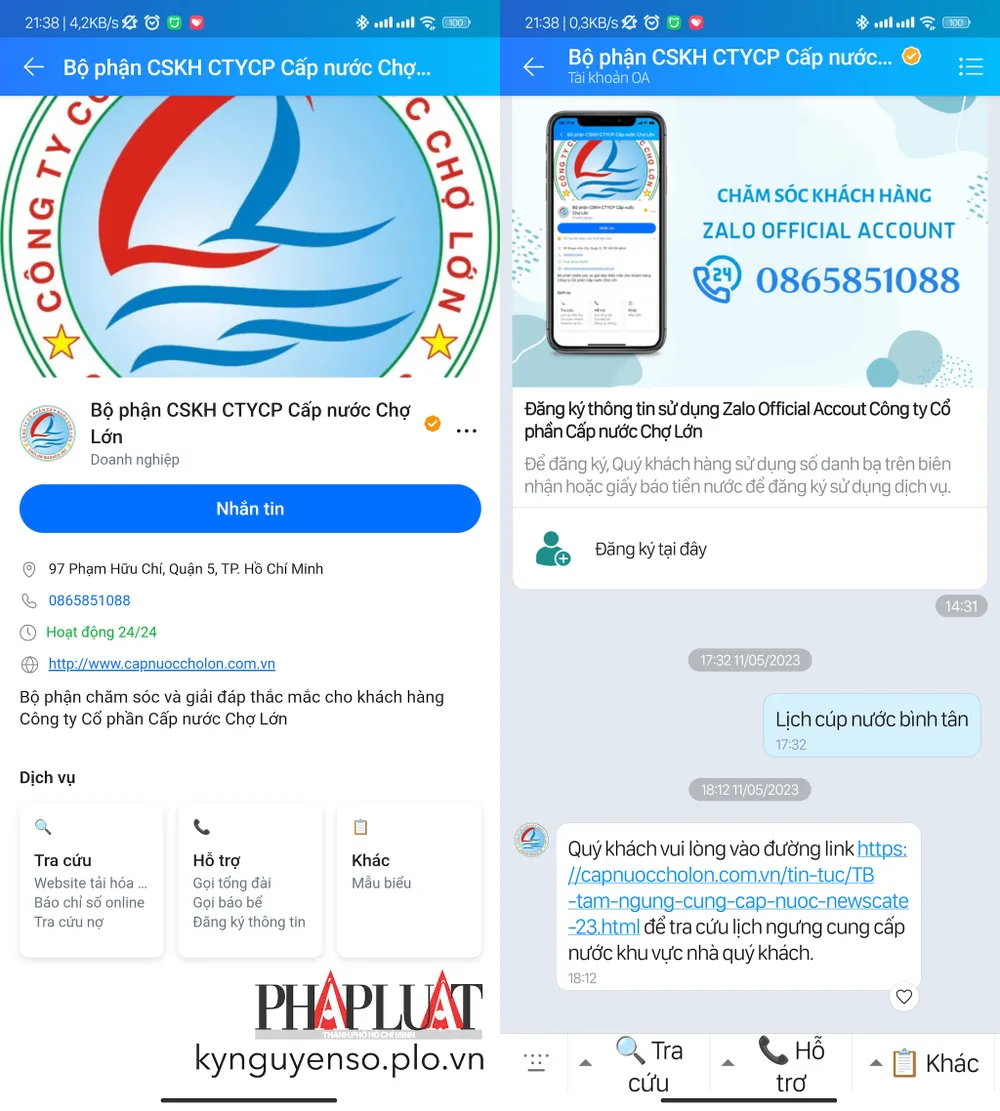 Tra cứu lịch cúp nước bằng Zalo. Ảnh: TIỂU MINH