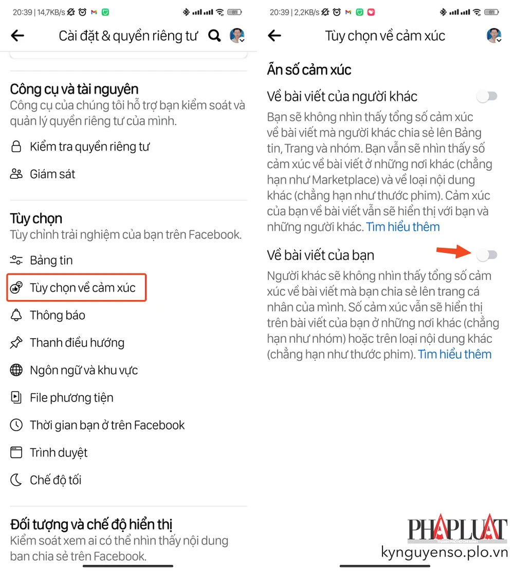 Cách ẩn lượt thích trên Facebook bằng điện thoại Android. Ảnh: MINH HOÀNG Cách ẩn lượt thích trên Facebook bằng điện thoại Android. Ảnh: MINH HOÀNG