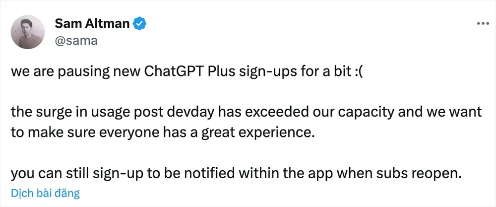 Sam Altman cho biết công ty đang tạm ngừng việc đăng ký ChatGPT Plus. Ảnh chụp màn hình