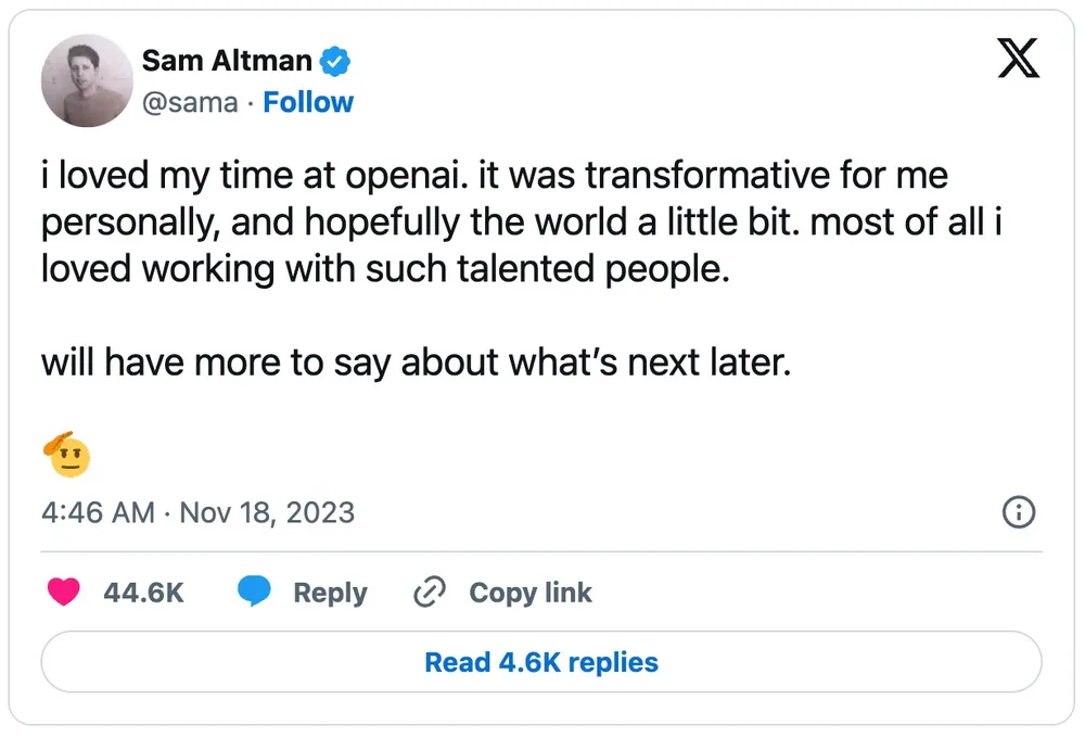 Sam Altman bất ngờ bị sa thải khỏi OpenAi. Ảnh chụp màn hình