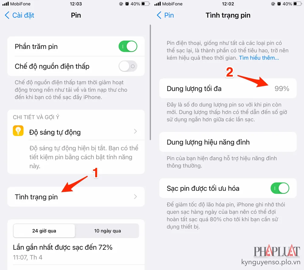 Kiểm tra tình trạng viên pin trên iPhone. Ảnh: TIỂU MINH