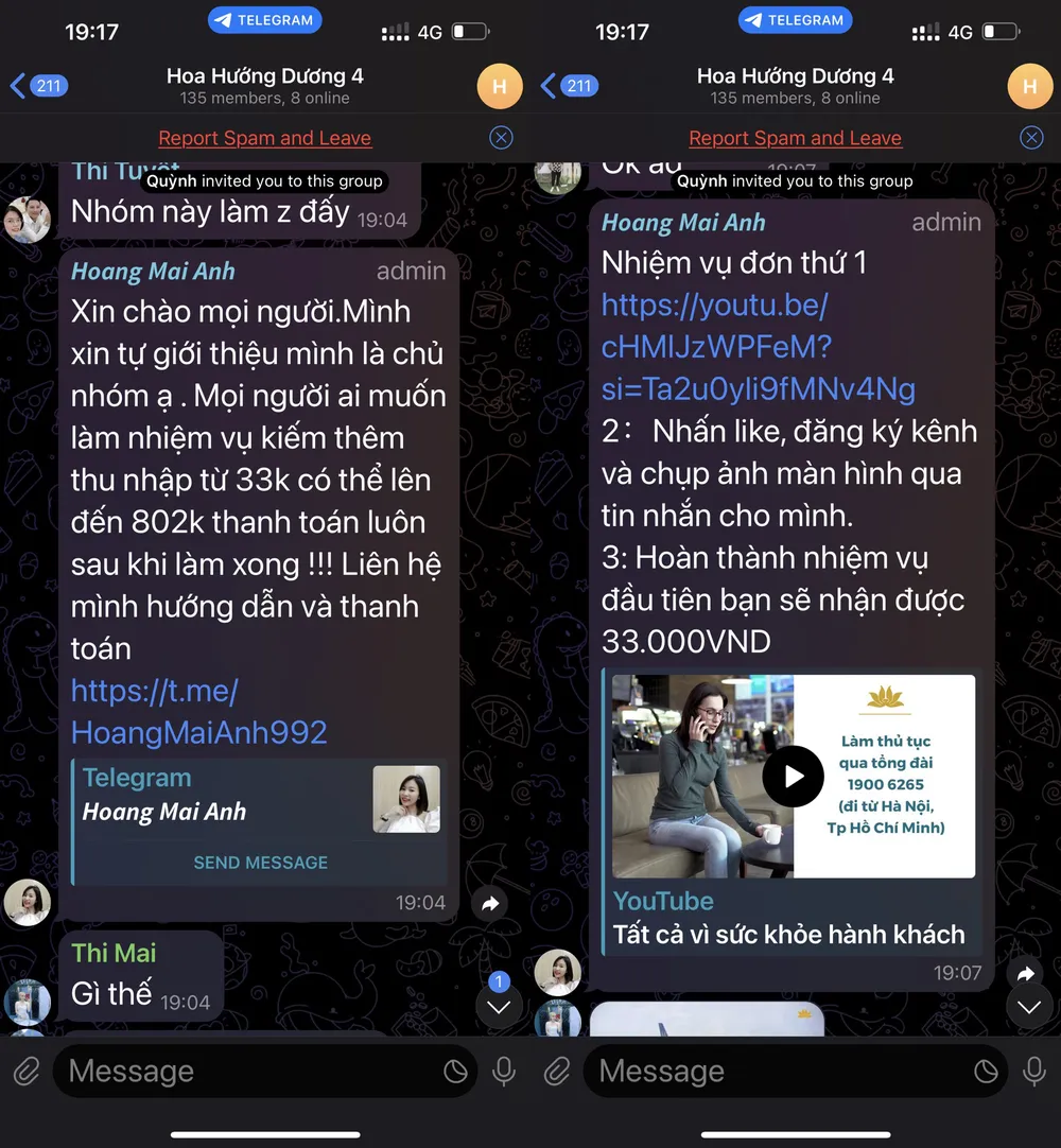 Lừa đảo rủ rê vào nhóm Telegram làm nhiệm vụ.