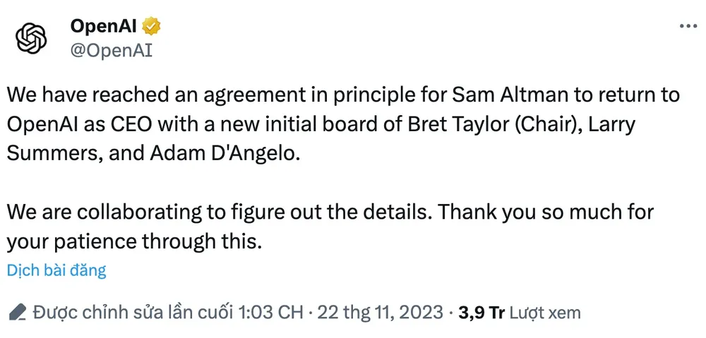 Sam Altman sẽ quay lại làm CEO của OpenAI. Ảnh chụp màn hình