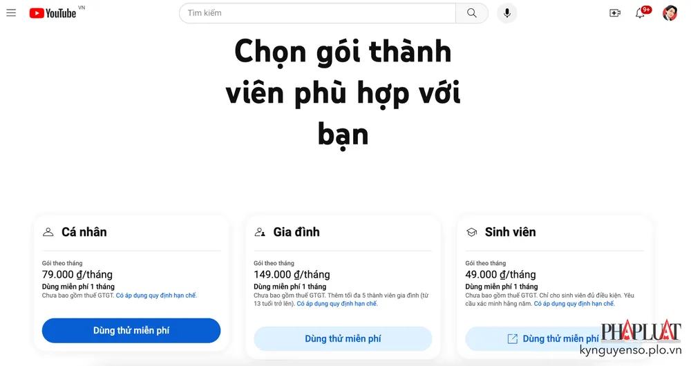 Giá YouTube Premium tại Việt Nam. Ảnh: TIỂU MINH