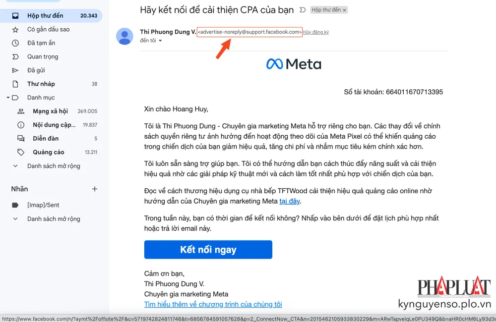 Một ví dụ về email thật do Facebook gửi đến. Ảnh: TIỂU MINH