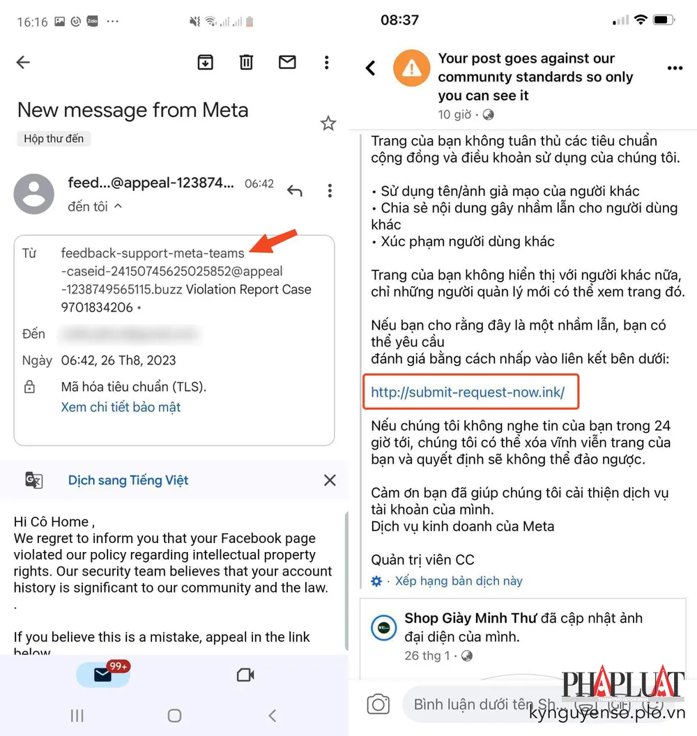 Tin nhắn, email giả mạo có chứa link rút gọn độc hại, khiến người dùng có thể bị mất tài khoản Facebook. Ảnh: TIỂU MINH