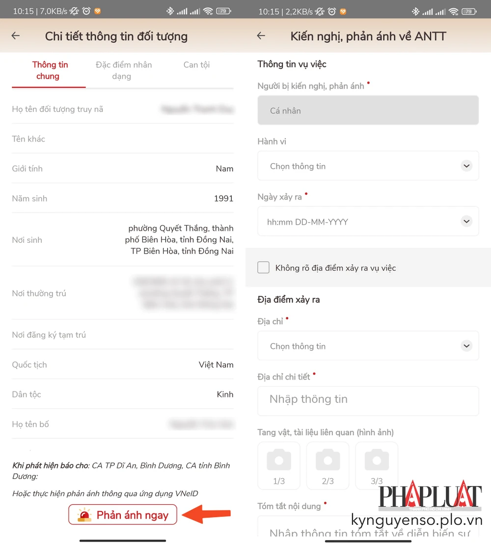 Phản ánh thông tin về các đối tượng truy nã bằng VNeID. Ảnh: MINH HOÀNG