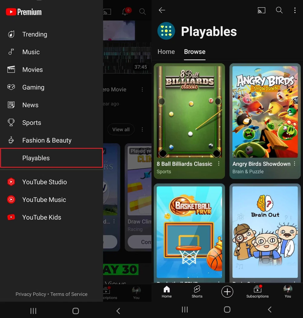 Chơi game trên ứng dụng YouTube.