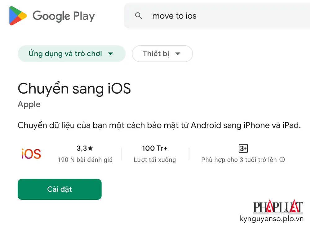 Move to iOS hỗ trợ chuyển dữ liệu từ điện thoại Android sang iPhone. Ảnh: TIỂU MINH