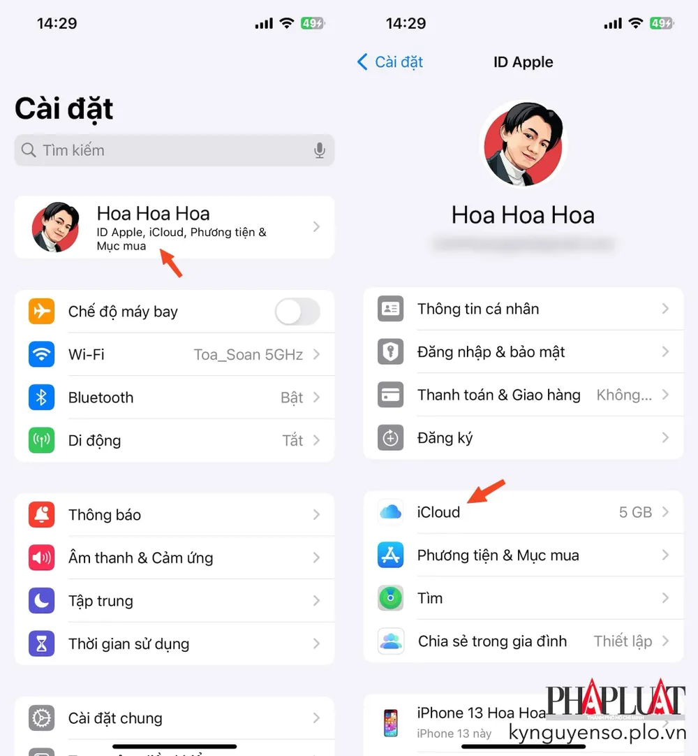 Truy cập vào phần cài đặt iCloud trên iPhone. Ảnh: MINH HOÀNG
