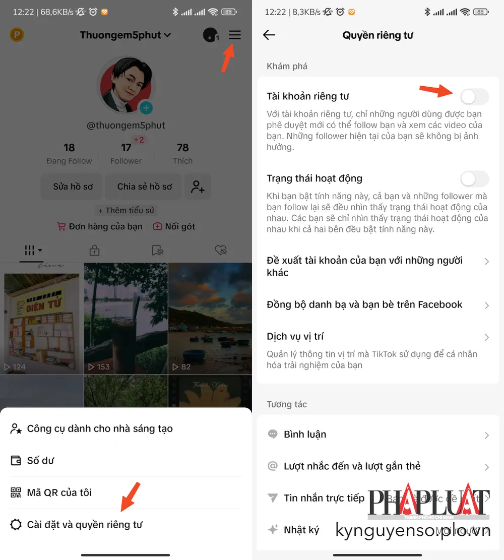 Tắt tài khoản riêng tư khi TikTok không hiển thị lượt thích và lượt xem. Ảnh: TIỂU MINH