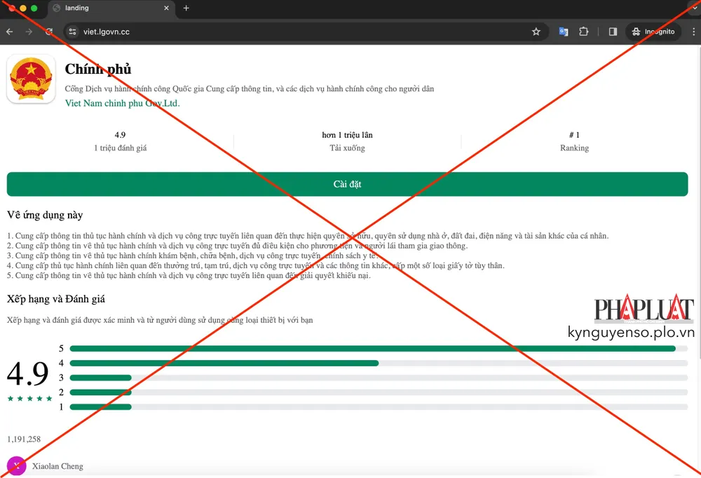 Một trang web cung cấp ứng dụng giả mạo VNeID, Chính phủ, cổng dịch vụ công quốc gia. Ảnh: TIỂU MINH