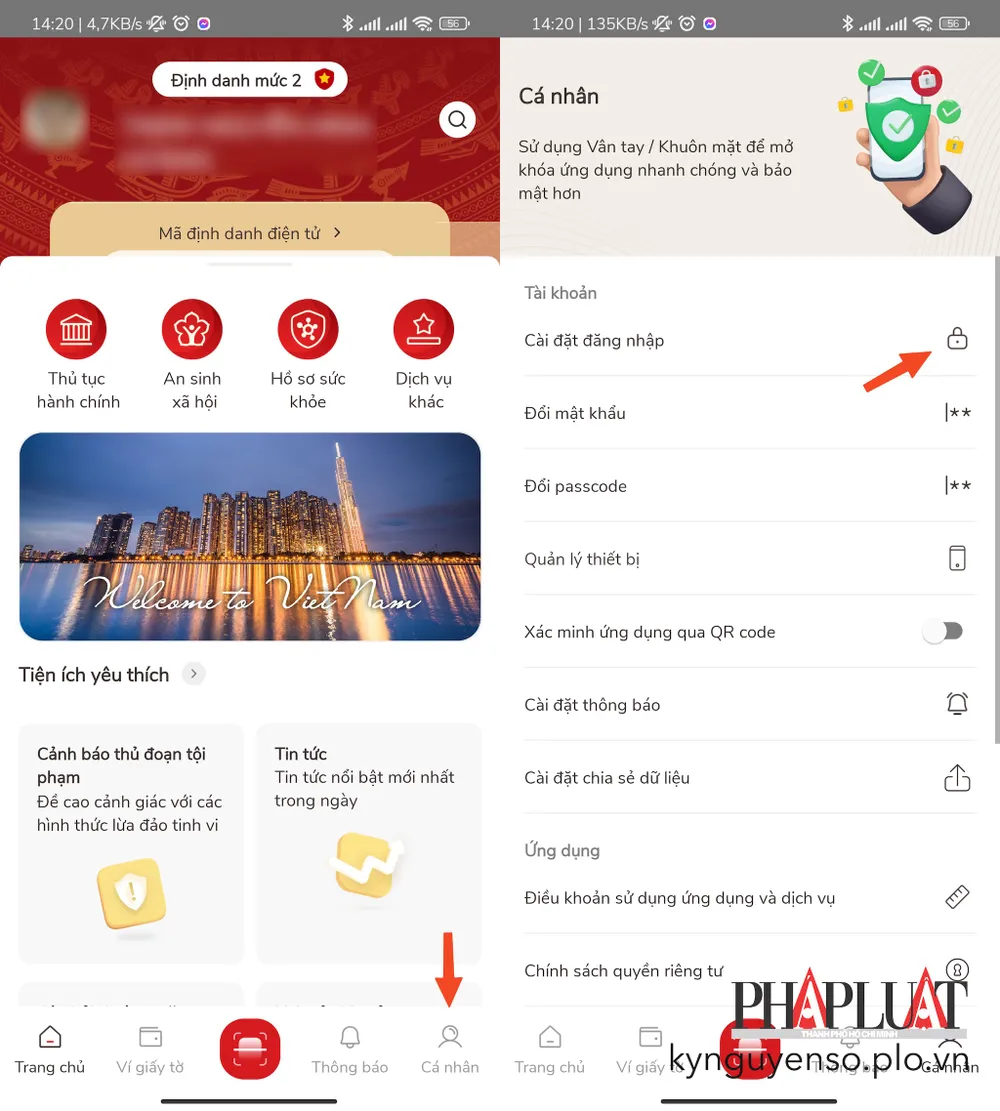 Truy cập vào phần cài đặt ứng dụng VNeID. Ảnh: MINH HOÀNG