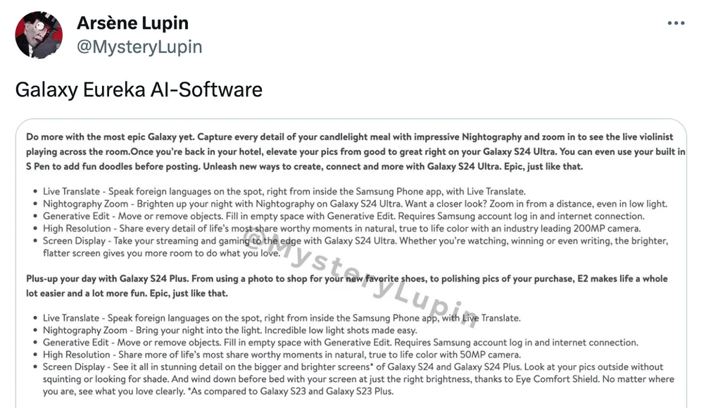 Arsène Lupin tiết lộ các tính năng AI trên Samsung Galaxy S24. Ảnh chụp màn hình