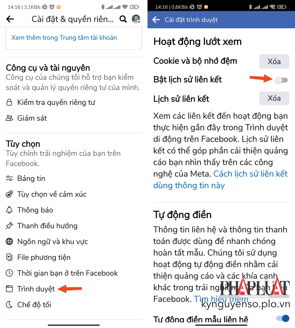 Cách tắt tính năng Link History (lịch sử liên kết) để hạn chế bị theo dõi. Ảnh: MINH HOÀNG