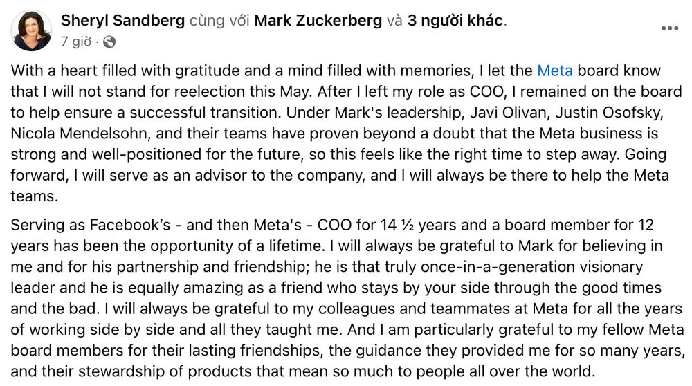 Tin công nghệ 18-1: Sheryl Sandberg rời khỏi hội đồng quản trị của Meta. Ảnh chụp màn hình