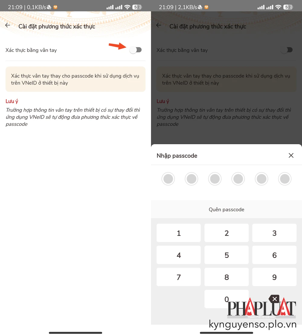 Sử dụng vân tay để thay thế passcode trên VNeID. Ảnh: MINH HOÀNG Sử dụng vân tay để thay thế passcode trên VNeID. Ảnh: MINH HOÀNG