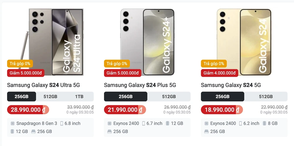 Giá Samsung Galaxy S24 series tại FPT Shop khi chưa áp dụng ưu đãi riêng. Ảnh: TIỂU MINH